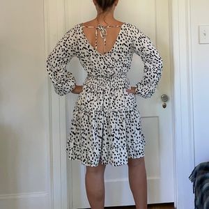 Dalmatian print dress w/ open tie-back, elastic waist, tiered skirt, flattering!